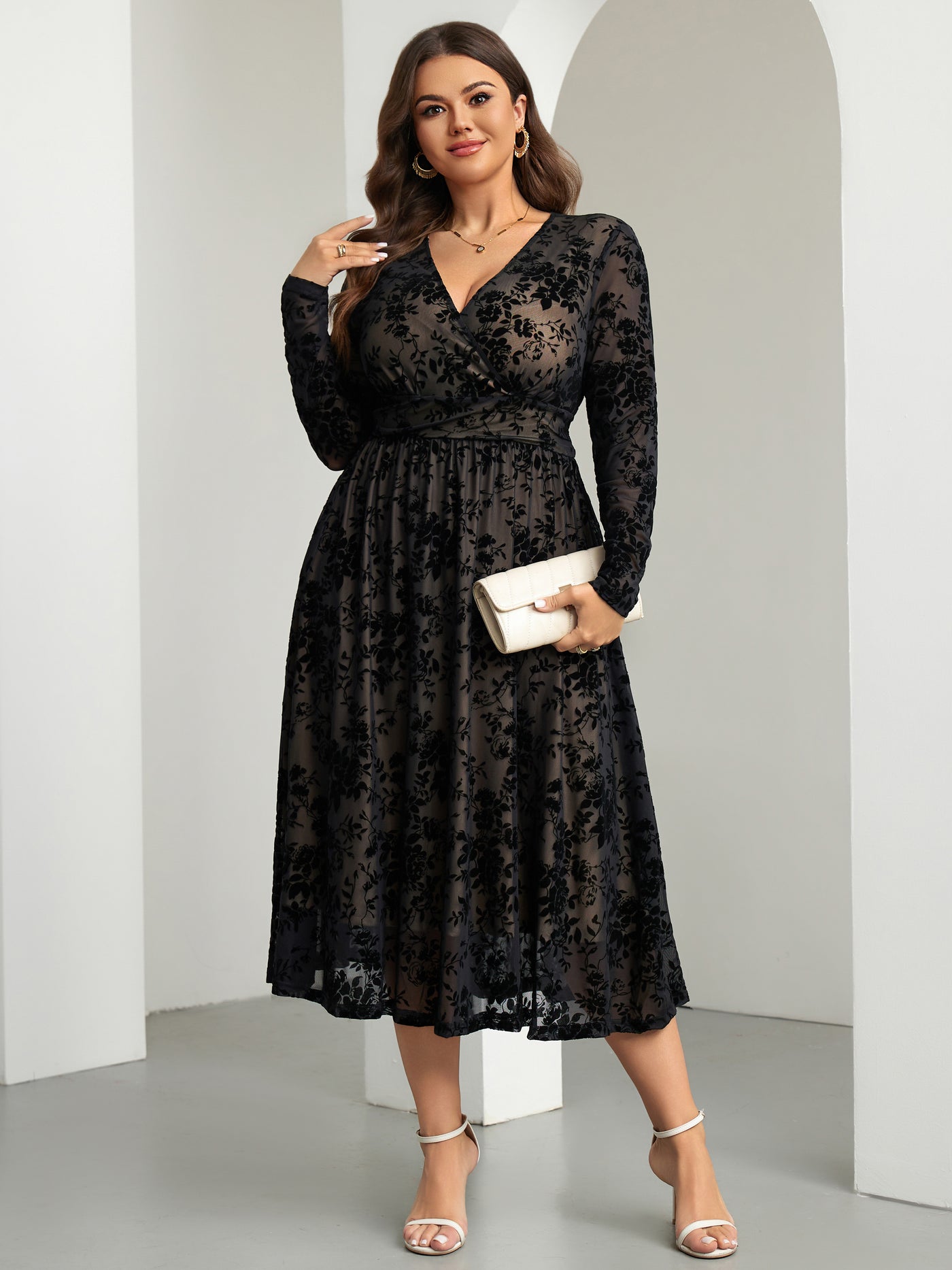 RWJ 6405 Black plus size burnout velvet floral wrap maxi dress movement view