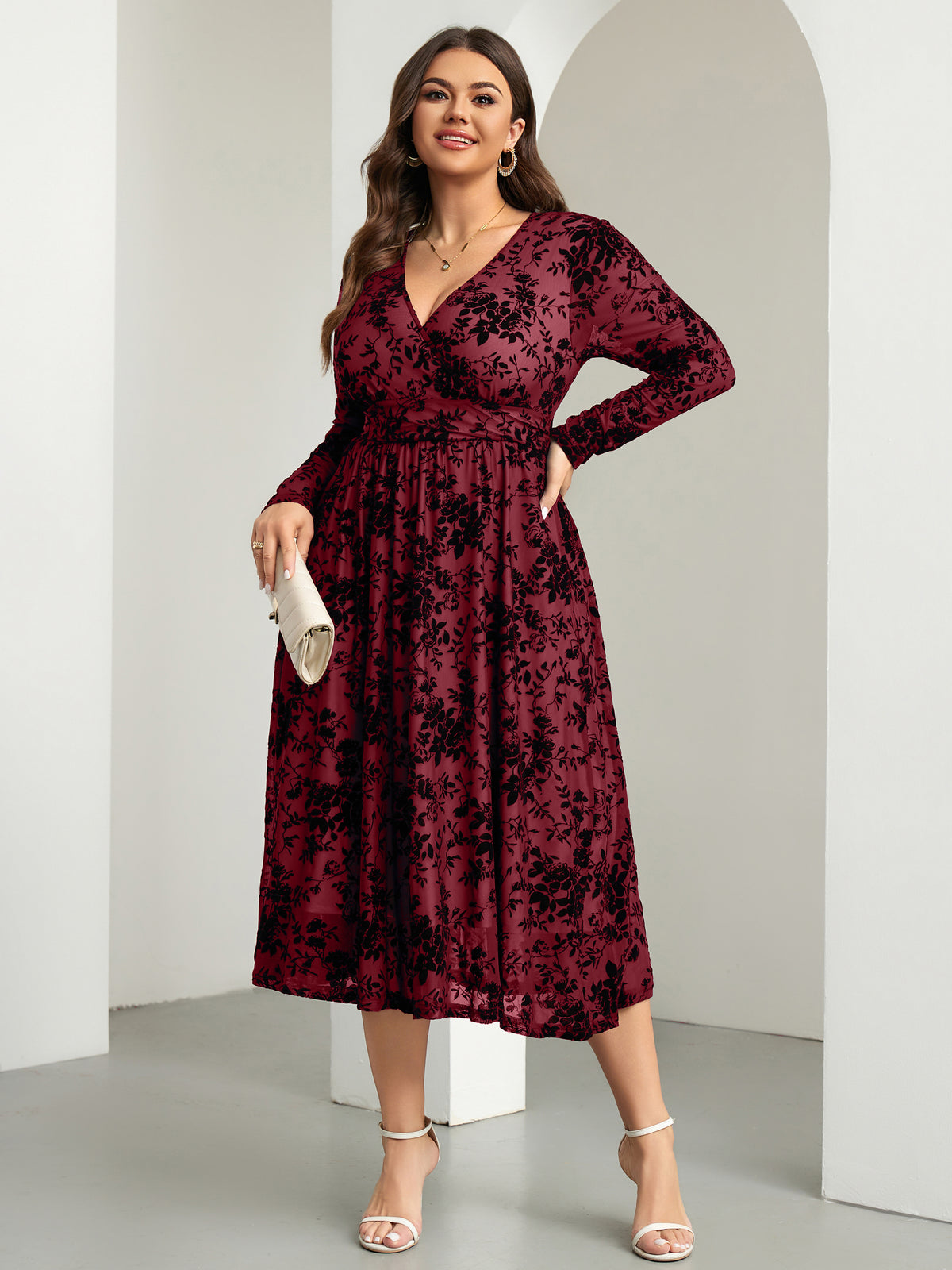 RWJ 6405 Burgundy plus size burnout velvet floral wrap maxi dress front view
