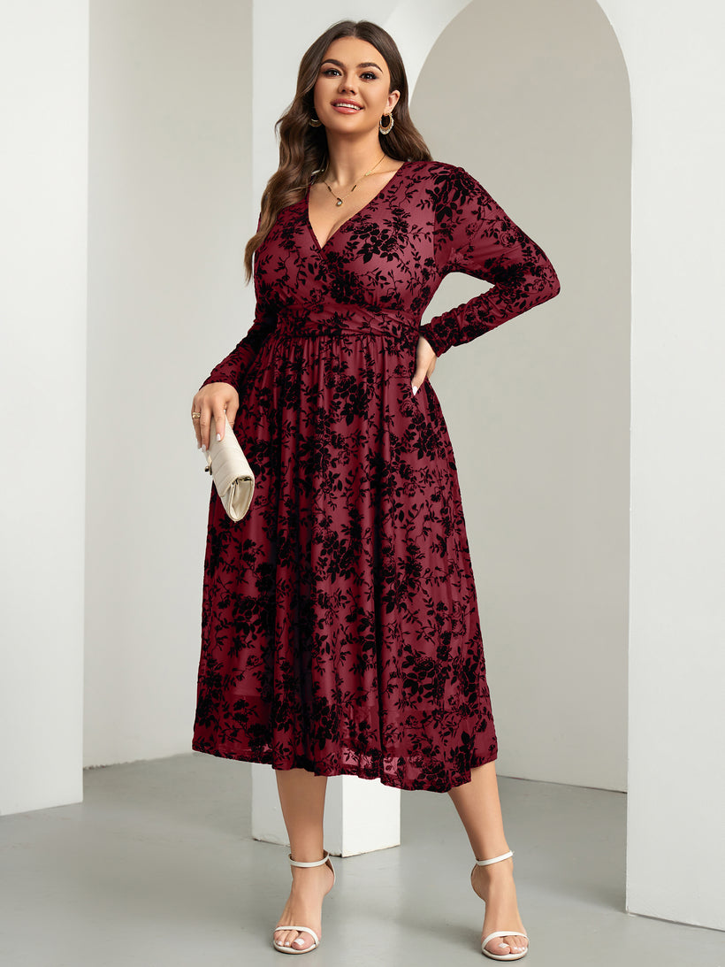 Plus Size Burnout Velvet Floral Wrap Maxi Dress — Burgundy