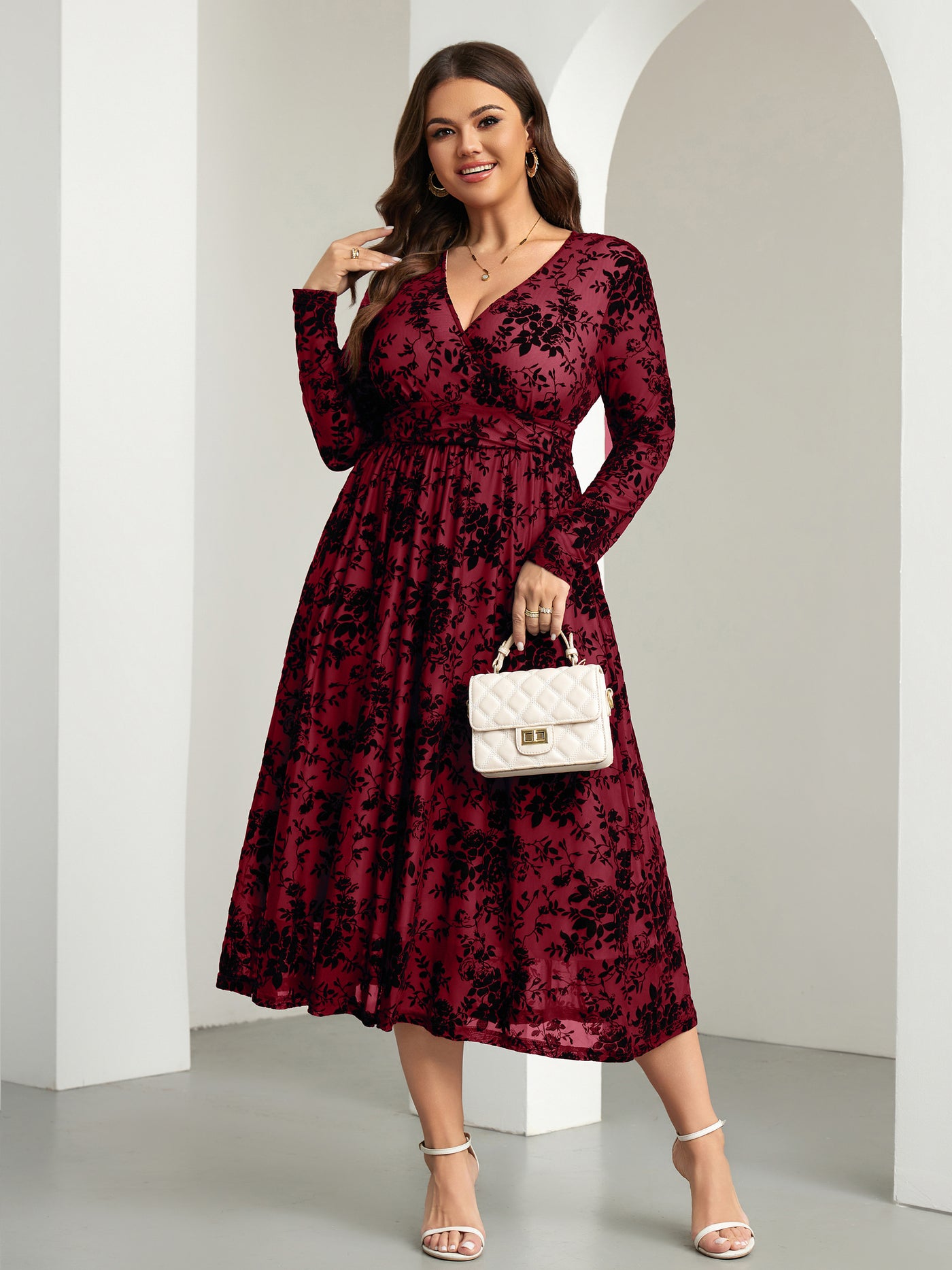 RWJ 6405 Burgundy plus size burnout velvet floral wrap maxi dress side view