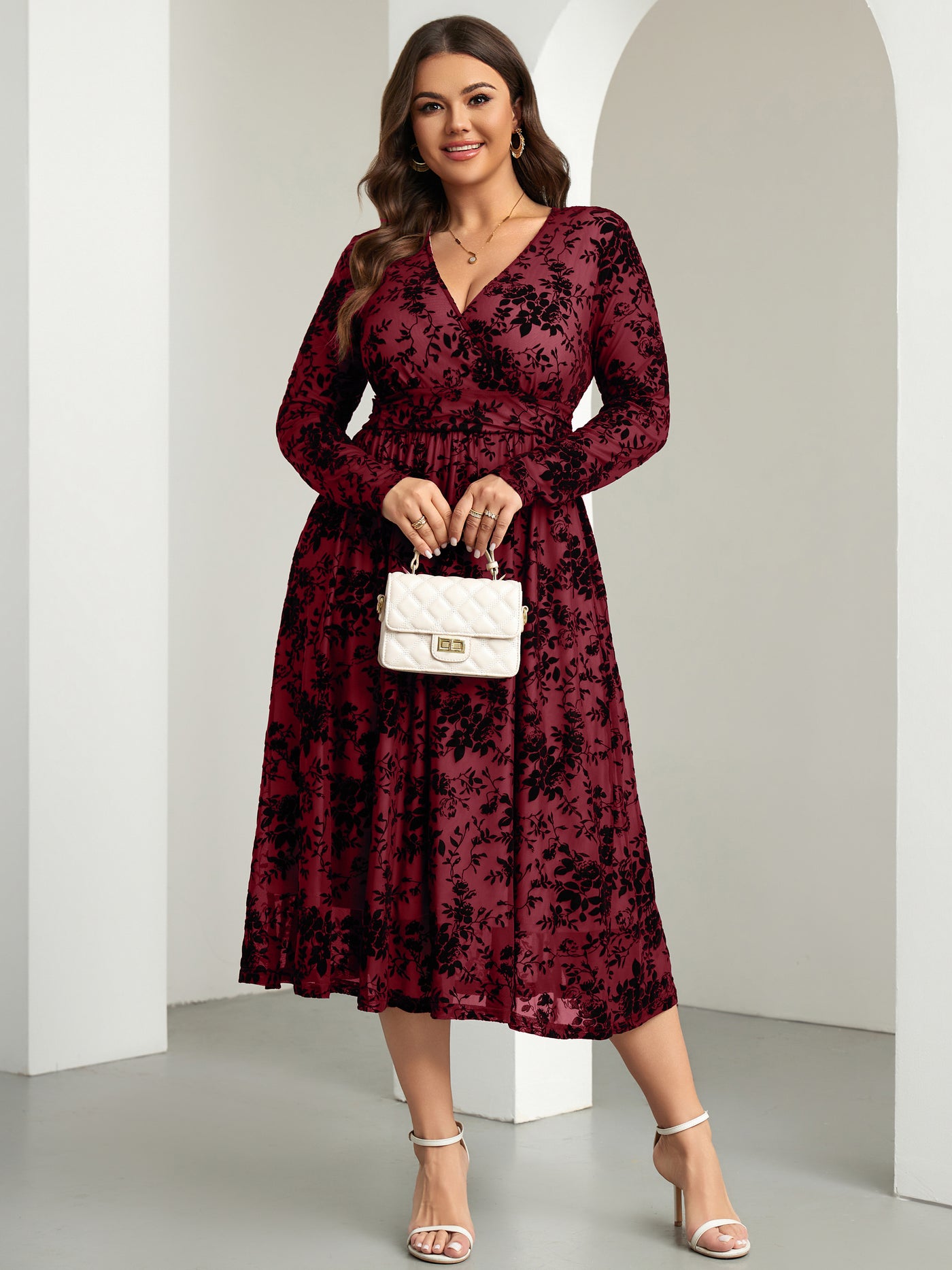 RWJ 6405 Burgundy plus size burnout velvet floral wrap maxi dress detail view