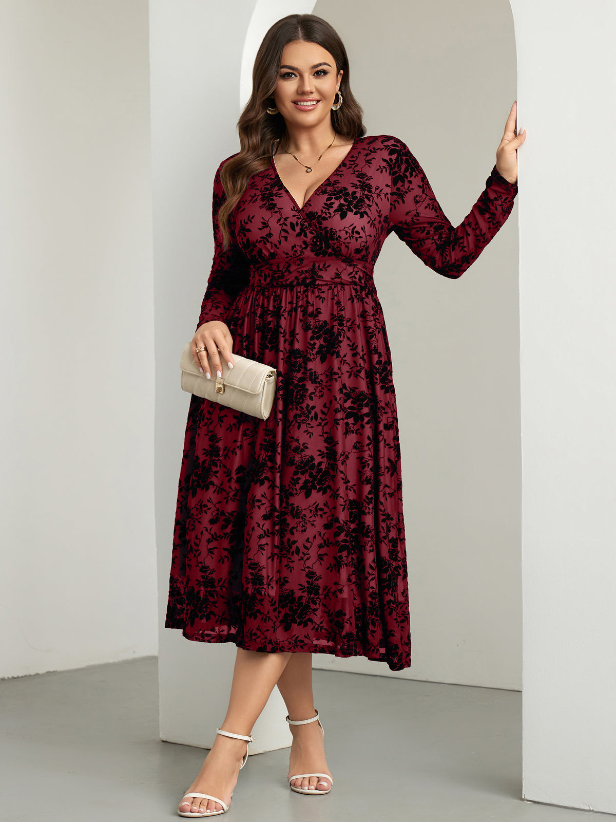 RWJ 6405 Burgundy plus size burnout velvet floral wrap maxi dress movement view