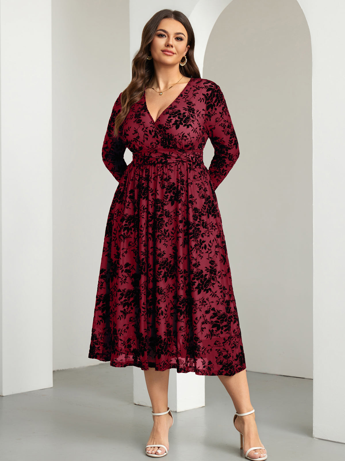 RWJ 6405 Burgundy plus size burnout velvet floral wrap maxi dress lifestyle view
