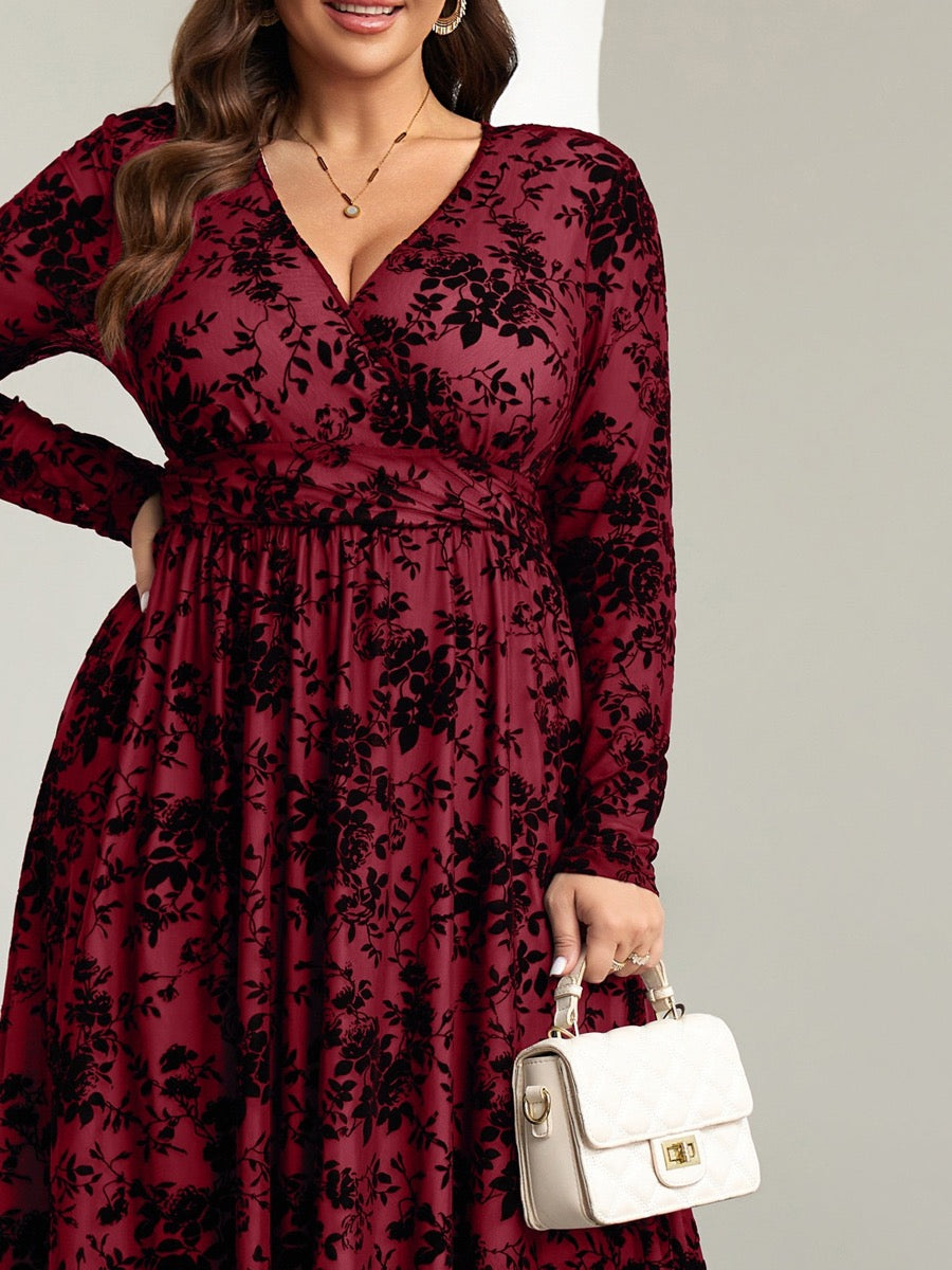 RWJ 6405 burgundy floral wrap V-neck maxi dress, upper-body detail