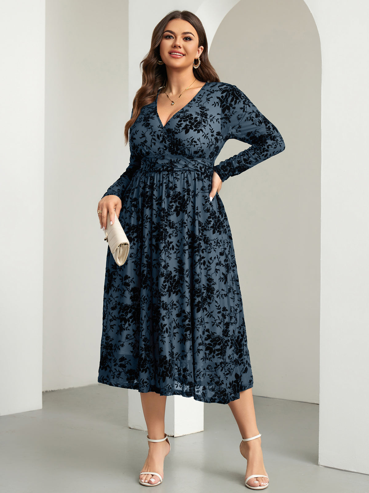 RWJ 6405 Dusty Blue plus size burnout velvet floral wrap maxi dress front view