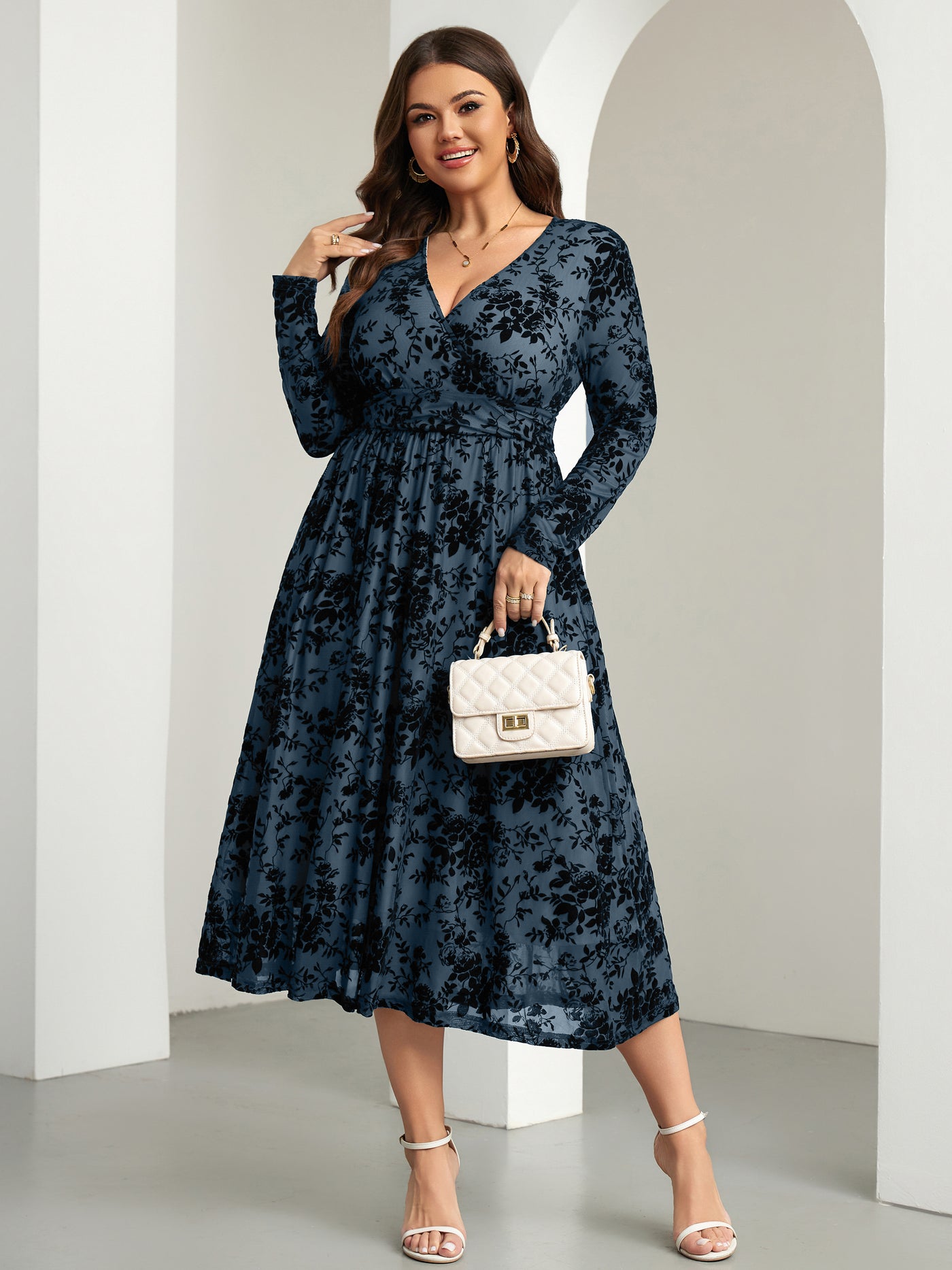 RWJ 6405 Dusty Blue plus size burnout velvet floral wrap maxi dress side view