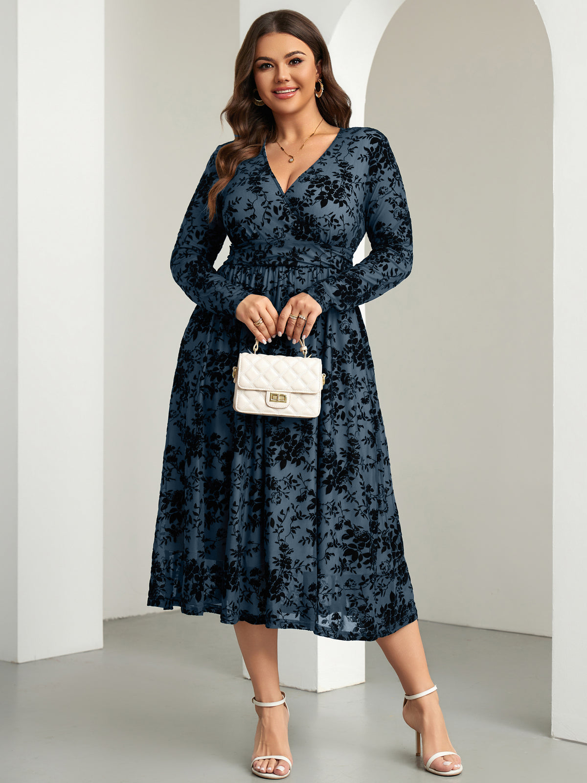 RWJ 6405 Dusty Blue plus size burnout velvet floral wrap maxi dress detail view