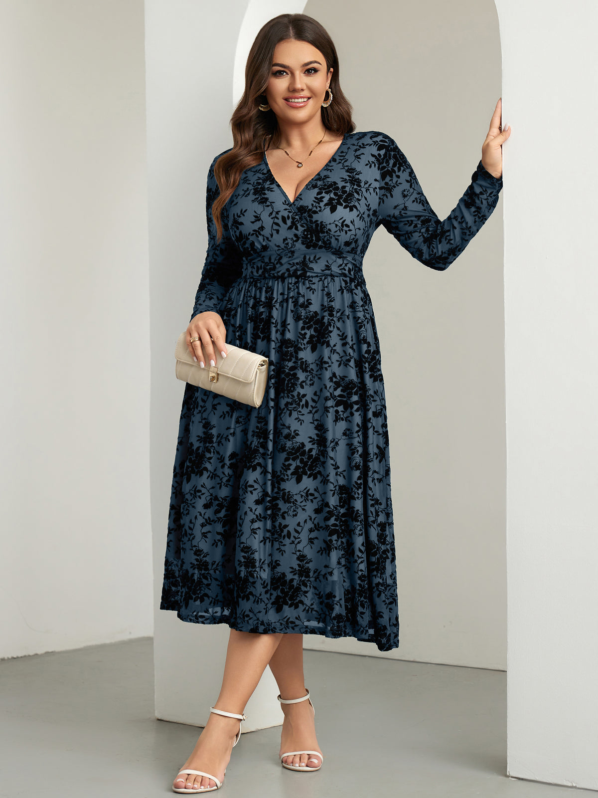 RWJ 6405 Dusty Blue plus size burnout velvet floral wrap maxi dress movement view