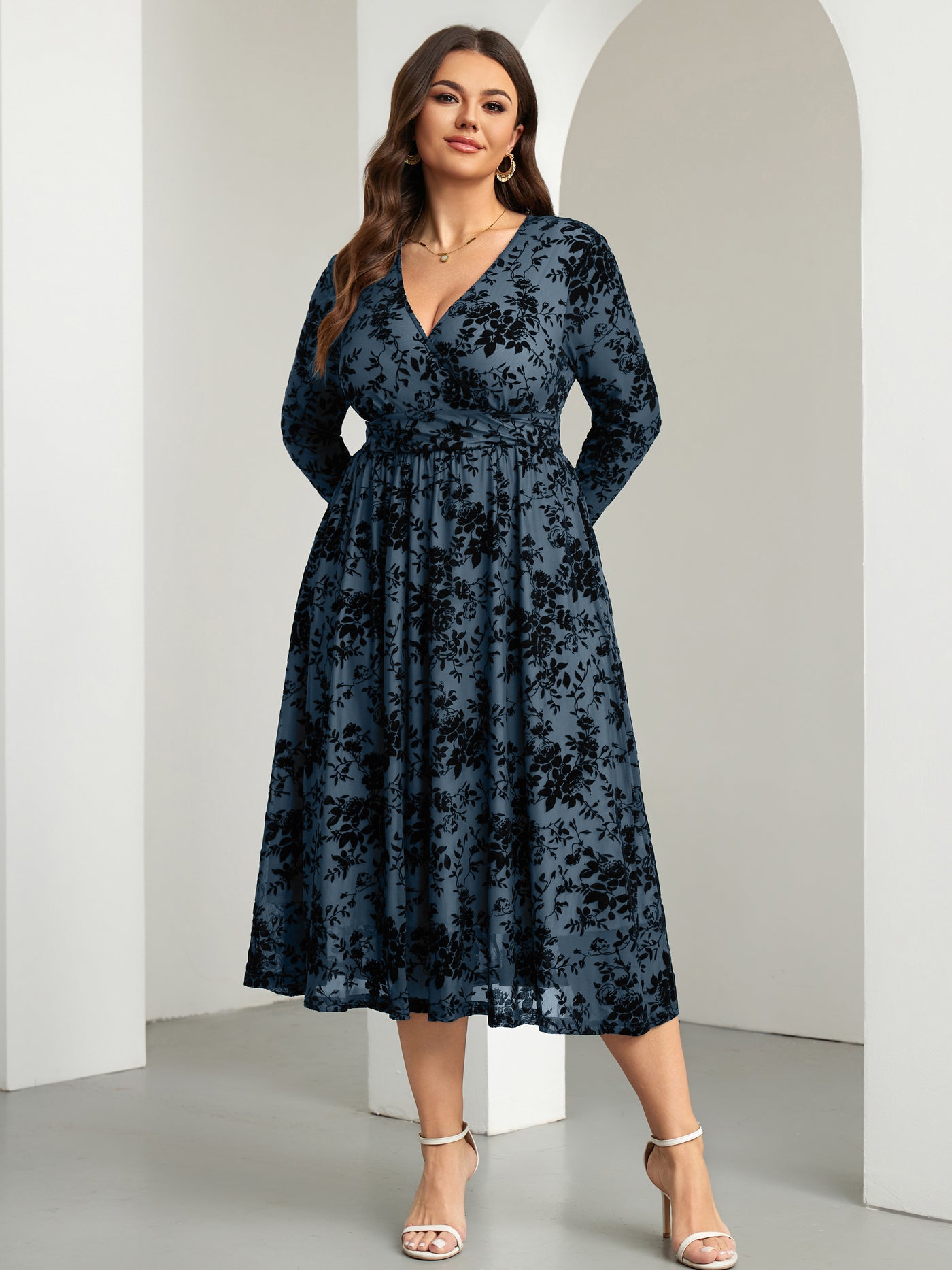 RWJ 6405 Dusty Blue plus size burnout velvet floral wrap maxi dress lifestyle view