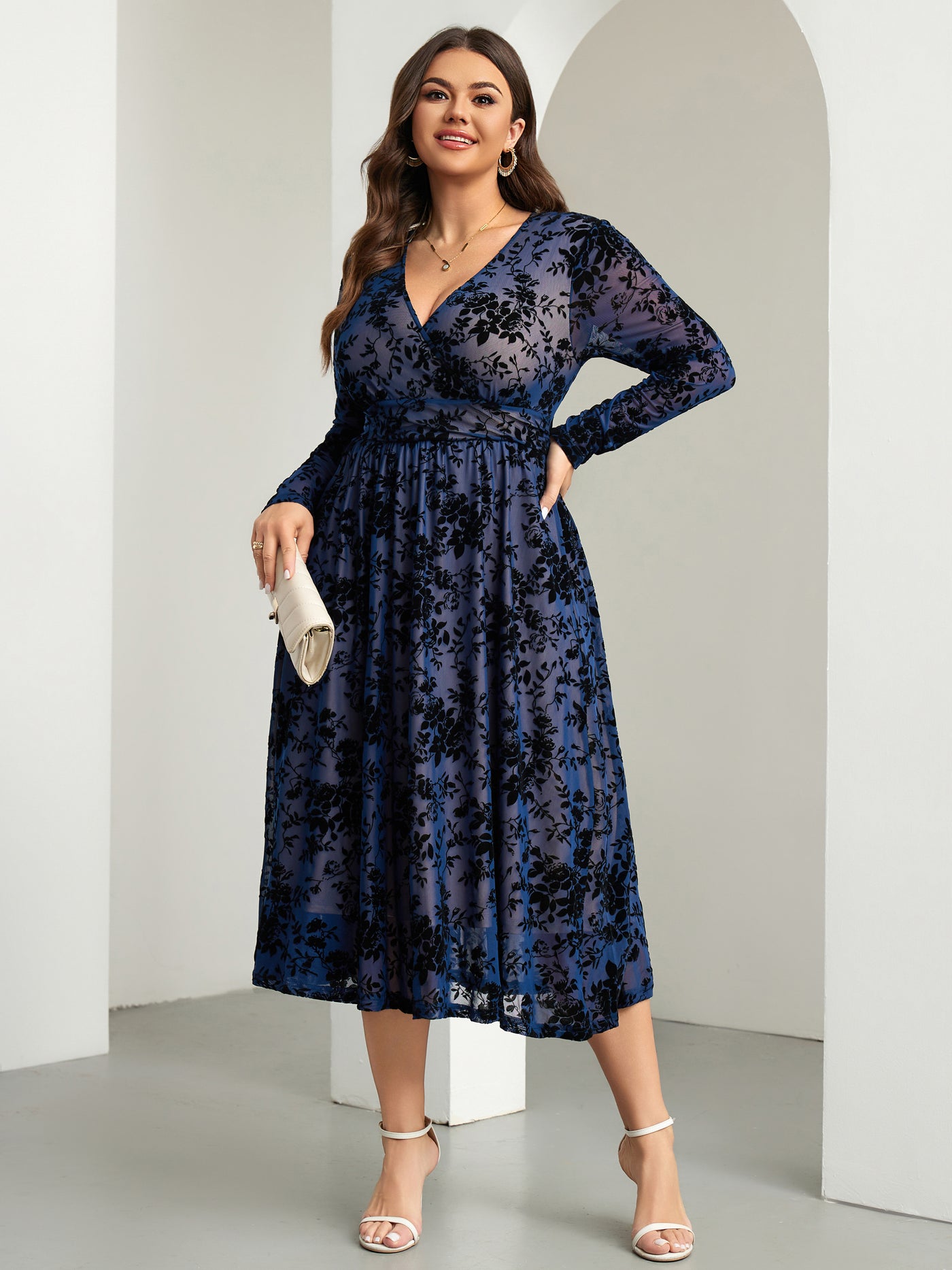 RWJ 6405 Navy Blue plus size burnout velvet floral wrap maxi dress front view