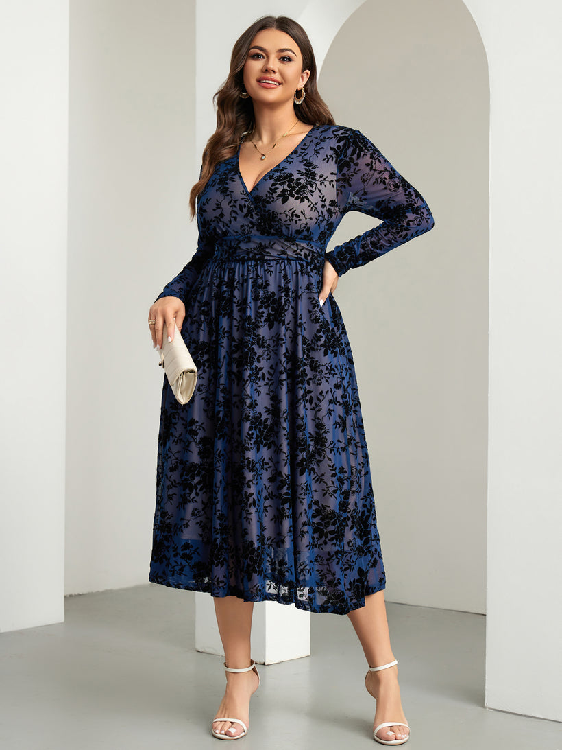 Plus Size Burnout Velvet Floral Wrap Maxi Dress — Navy Blue