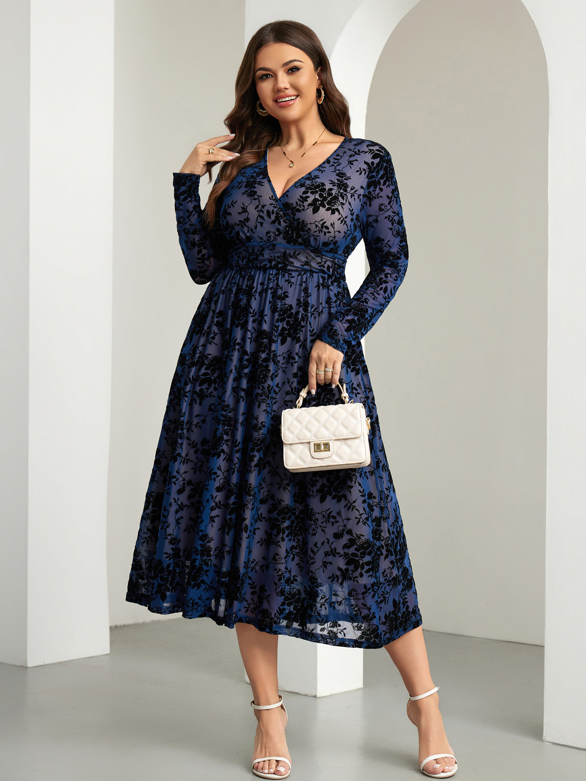 RWJ 6405 Navy Blue plus size burnout velvet floral wrap maxi dress side view