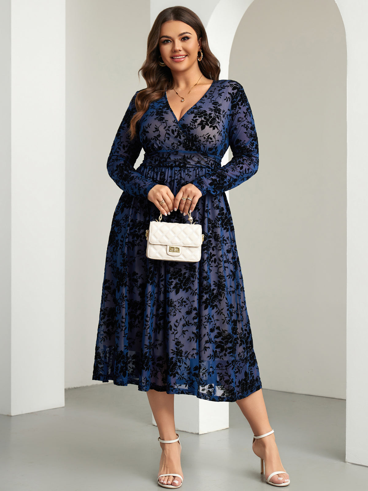 RWJ 6405 Navy Blue plus size burnout velvet floral wrap maxi dress detail view