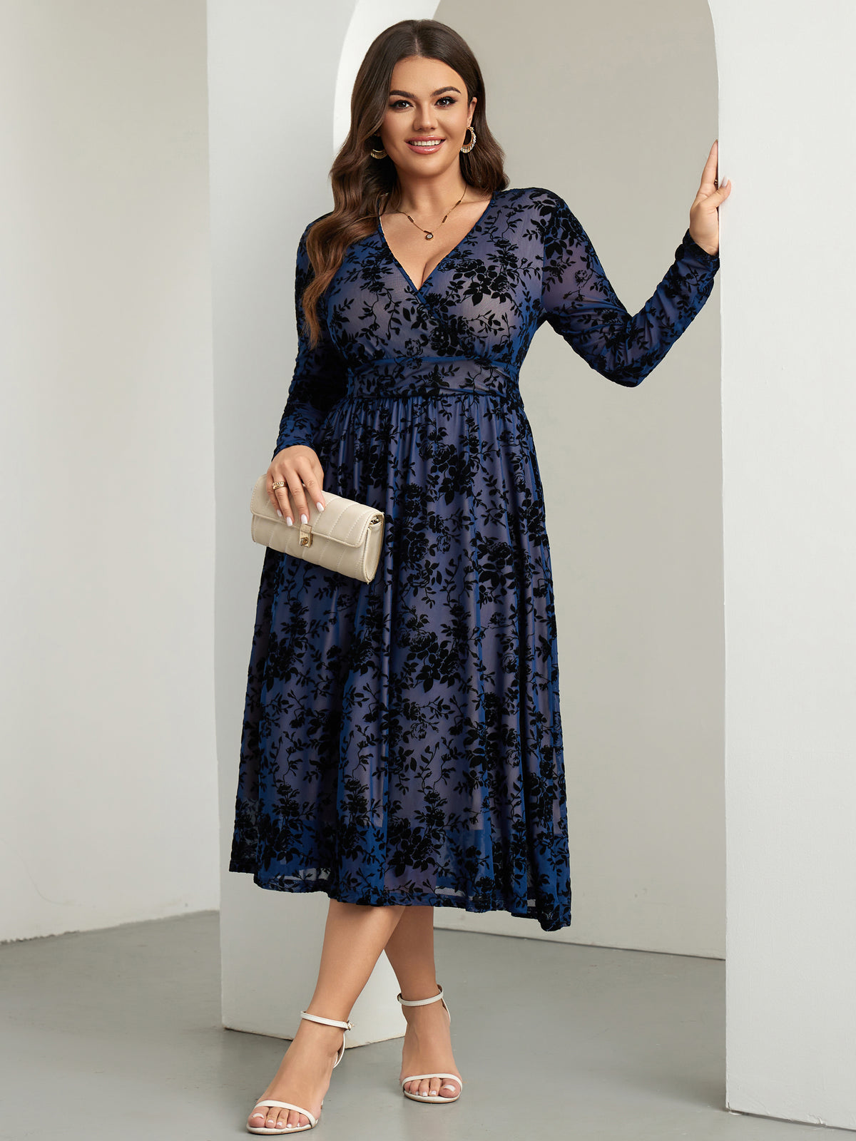 RWJ 6405 Navy Blue plus size burnout velvet floral wrap maxi dress movement view