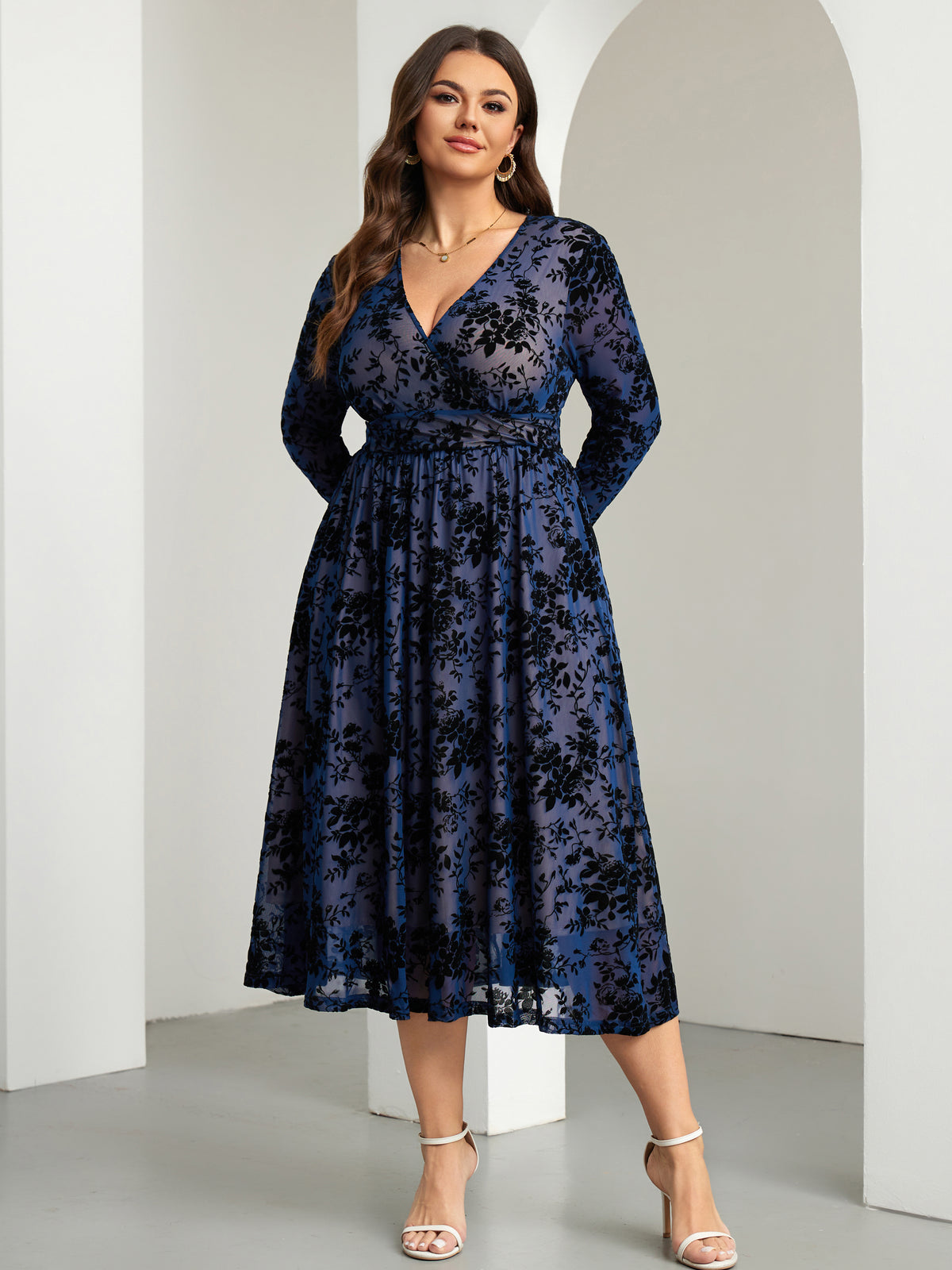 RWJ 6405 Navy Blue plus size burnout velvet floral wrap maxi dress lifestyle view