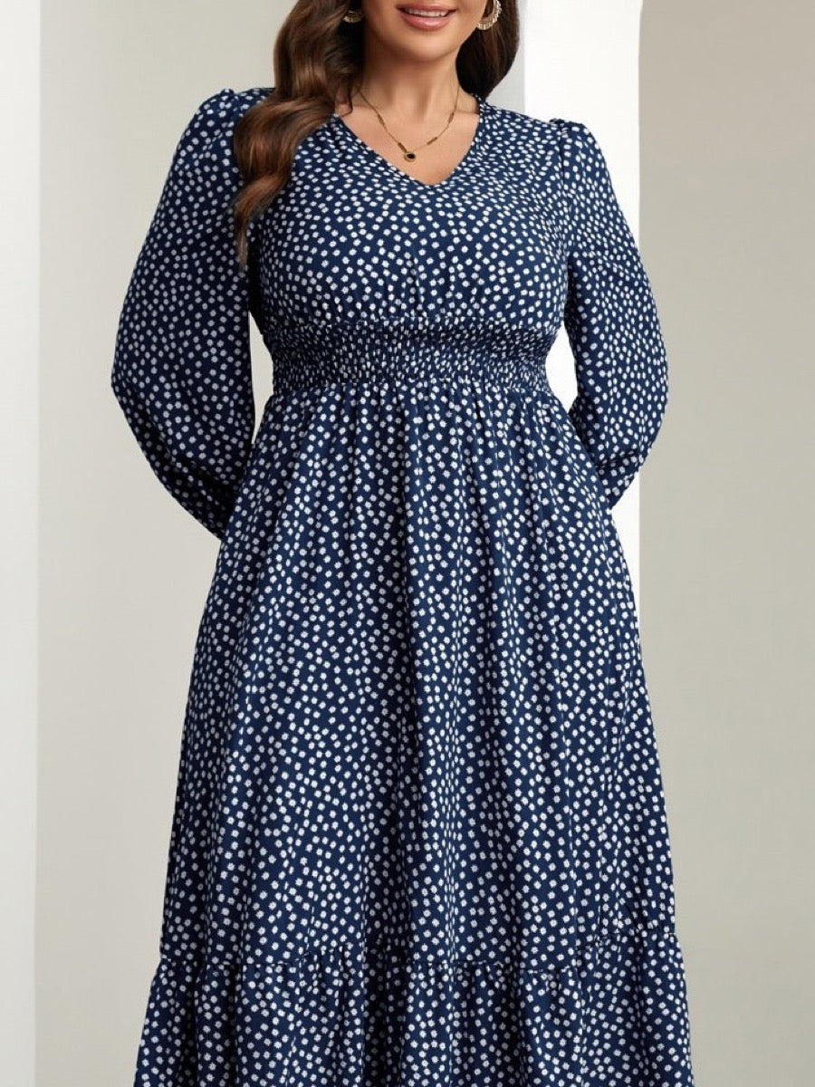 RWJ 6406 floral navy blue Swiss-dot V-neck midi dress, upper-body detail