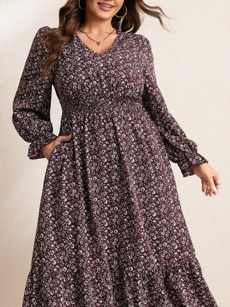RWJ 6406 floral wine red Swiss-dot V-neck midi dress, upper-body detail