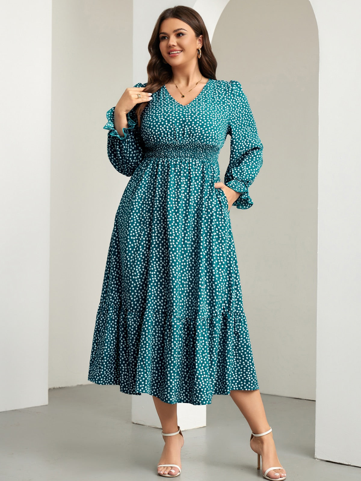 Plus Size Swiss-Dot V-Neck Midi Dress — Floral Lake Blue gallery image 3