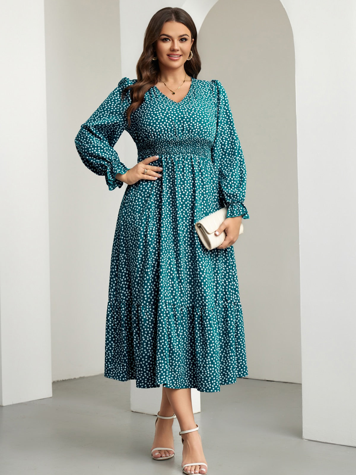 Plus Size Swiss-Dot V-Neck Midi Dress — Floral Lake Blue gallery image 2
