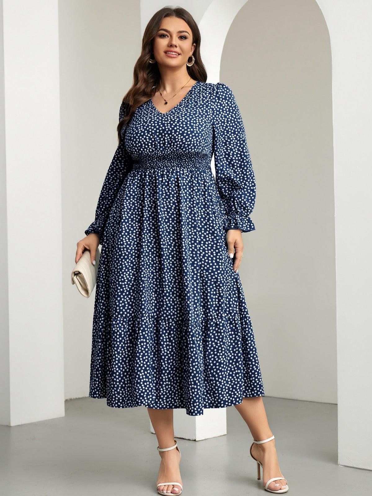 Plus Size Swiss-Dot V-Neck Midi Dress — Floral Navy Blue gallery image 3