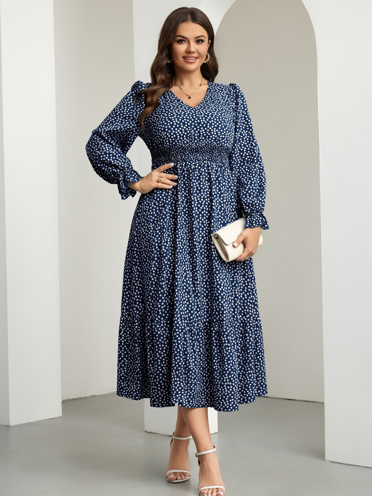Plus Size Swiss-Dot V-Neck Midi Dress — Floral Navy Blue gallery image 2