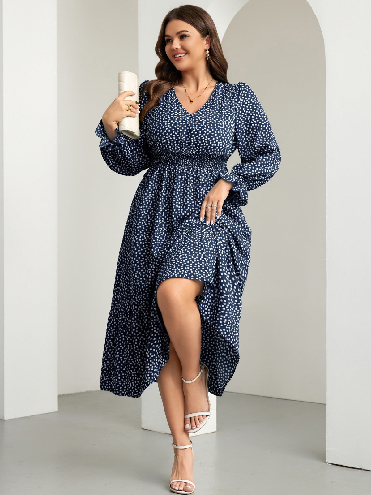 Plus Size Swiss-Dot V-Neck Midi Dress — Floral Navy Blue gallery image 3