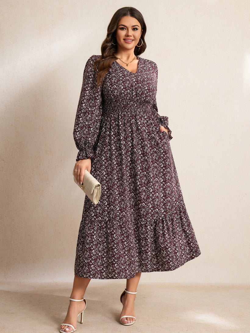Plus Size Swiss-Dot V-Neck Midi Dress — Floral Wine Red