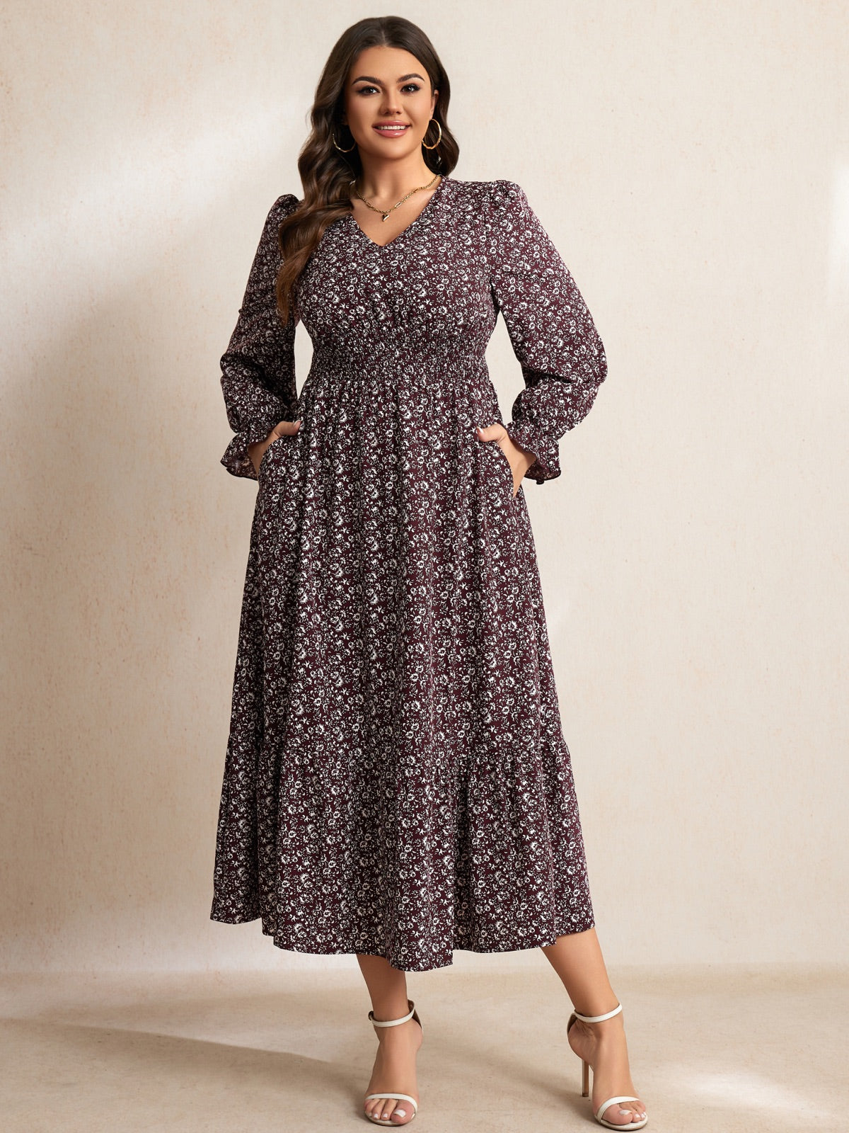 Plus Size Swiss-Dot V-Neck Midi Dress — Floral Wine Red gallery image 2