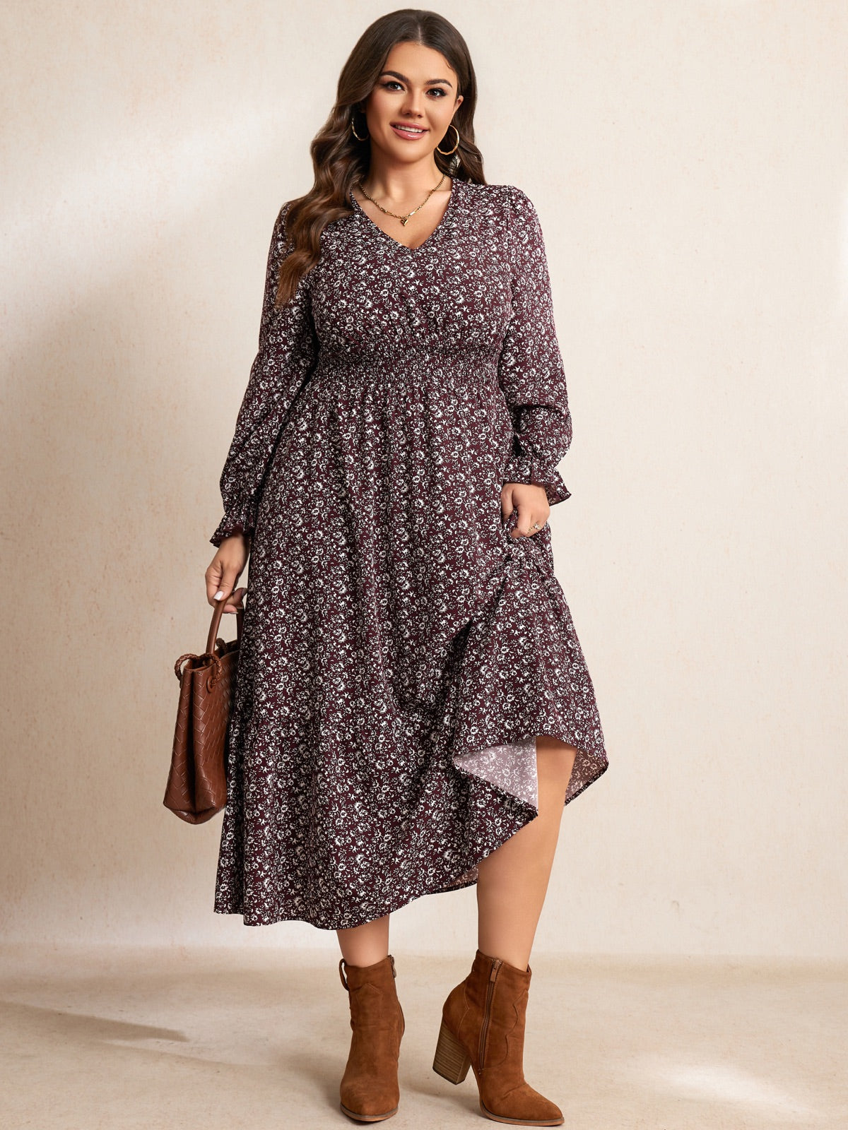 Plus Size Swiss-Dot V-Neck Midi Dress — Floral Wine Red gallery image 3