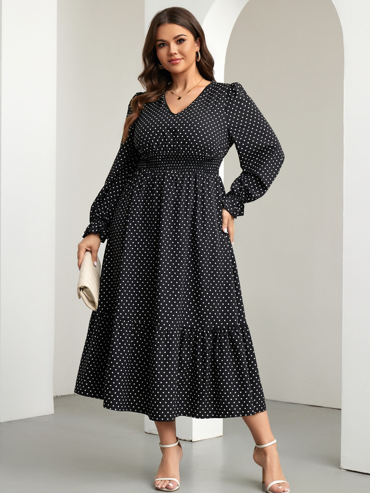 Plus Size Swiss-Dot V-Neck Midi Dress — Polka Dot Black gallery image 3