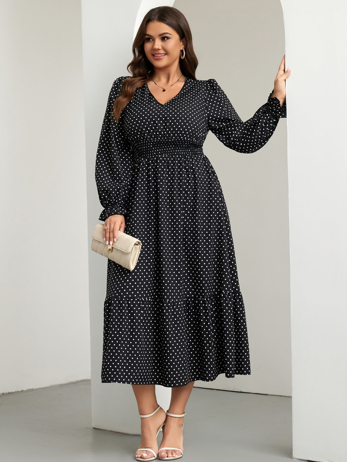 Plus Size Swiss-Dot V-Neck Midi Dress — Polka Dot Black gallery image 4