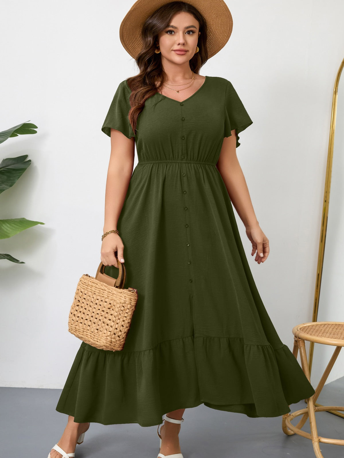 Plus Size Ruffle-Sleeve V-Neck Maxi Dress — Army Green gallery image 3