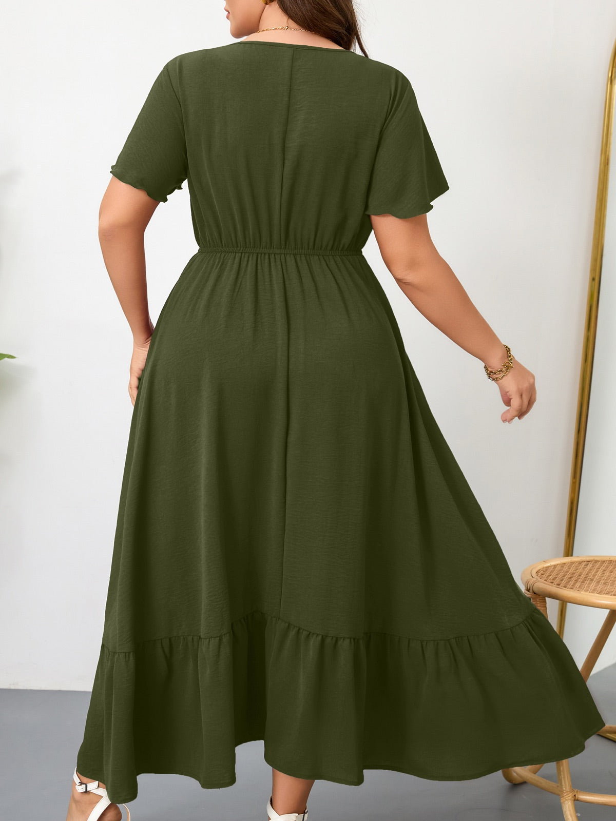 Plus Size Ruffle-Sleeve V-Neck Maxi Dress — Army Green gallery image 1