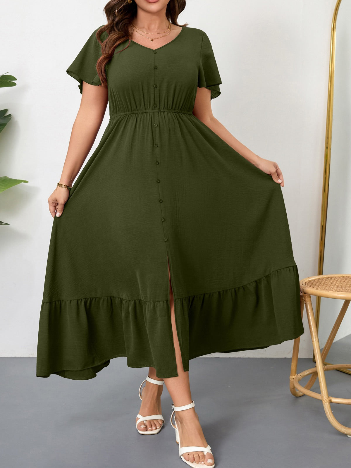 Plus Size Ruffle-Sleeve V-Neck Maxi Dress — Army Green gallery image 2