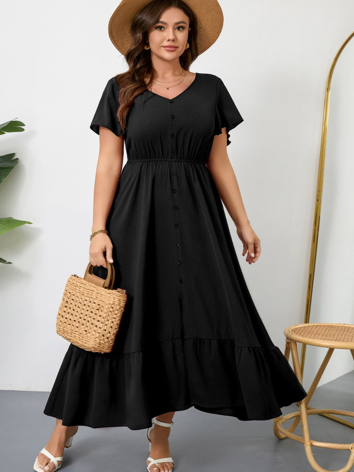 Plus Size Ruffle-Sleeve V-Neck Maxi Dress — Black gallery image 3