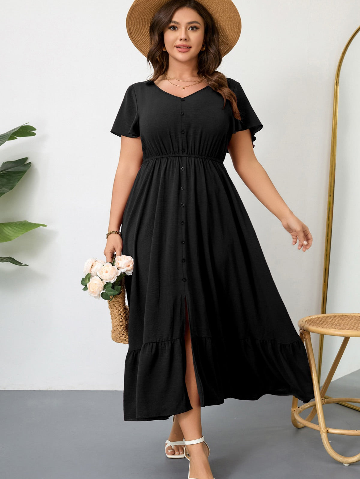 Plus Size Ruffle-Sleeve V-Neck Maxi Dress — Black gallery image 1