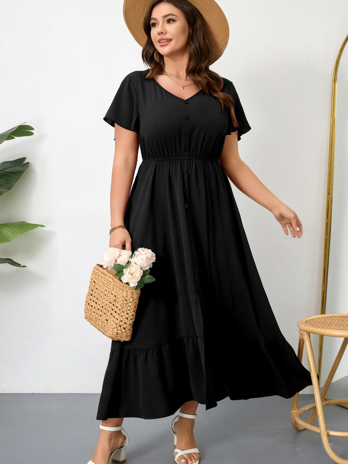 Plus Size Ruffle-Sleeve V-Neck Maxi Dress — Black gallery image 2
