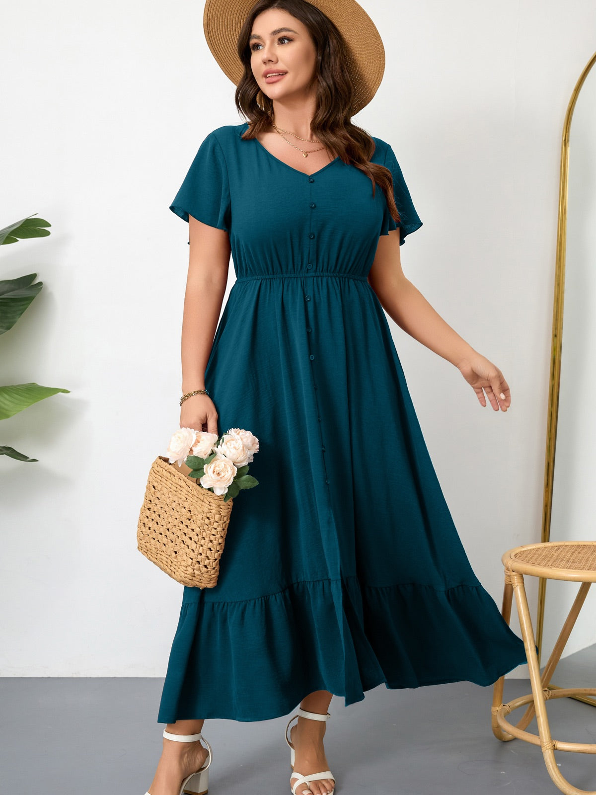 Plus Size Ruffle-Sleeve V-Neck Maxi Dress — Blue Green gallery image 3