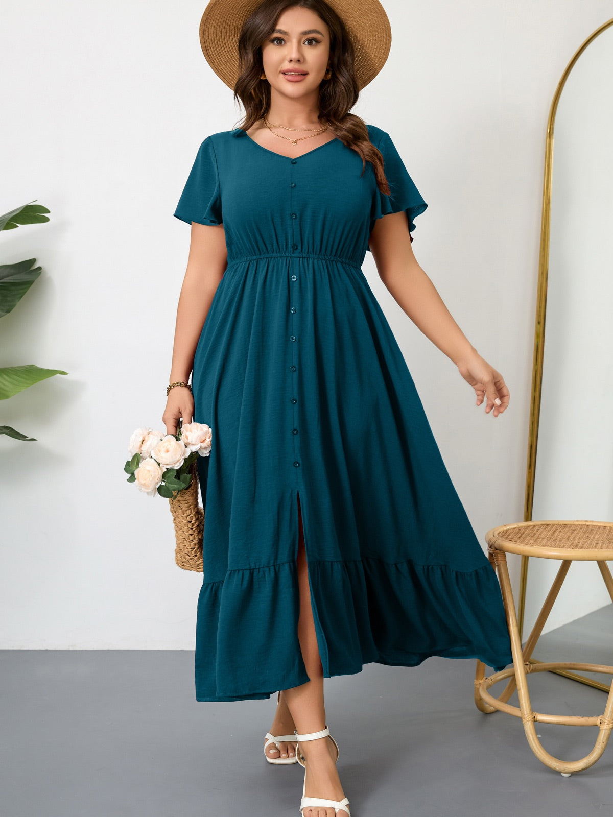 Plus Size Ruffle-Sleeve V-Neck Maxi Dress — Blue Green gallery image 1