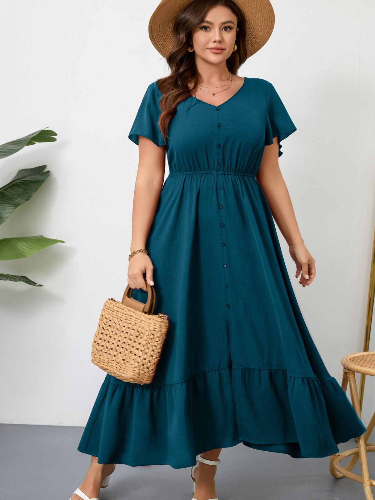 Plus Size Ruffle-Sleeve V-Neck Maxi Dress — Blue Green gallery image 2