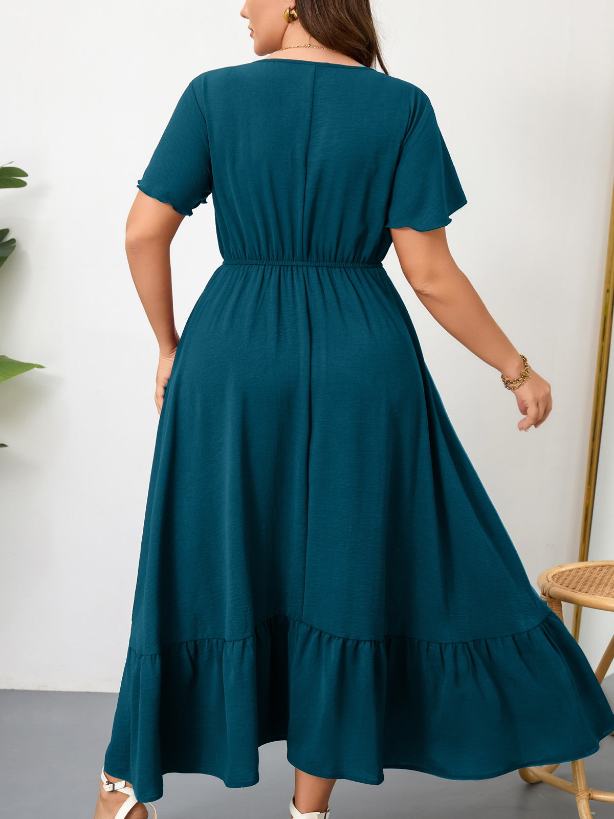 Plus Size Ruffle-Sleeve V-Neck Maxi Dress — Blue Green gallery image 3