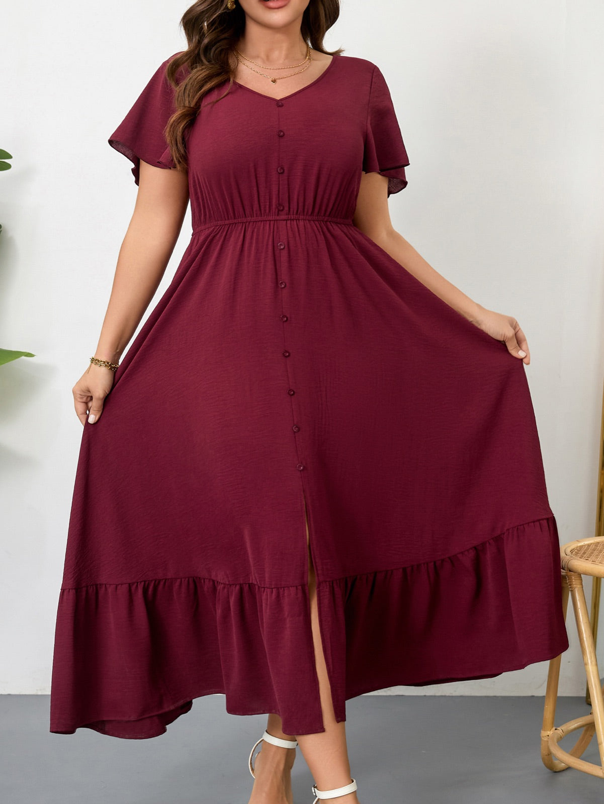 Plus Size Ruffle-Sleeve V-Neck Maxi Dress — Burgundy gallery image 3