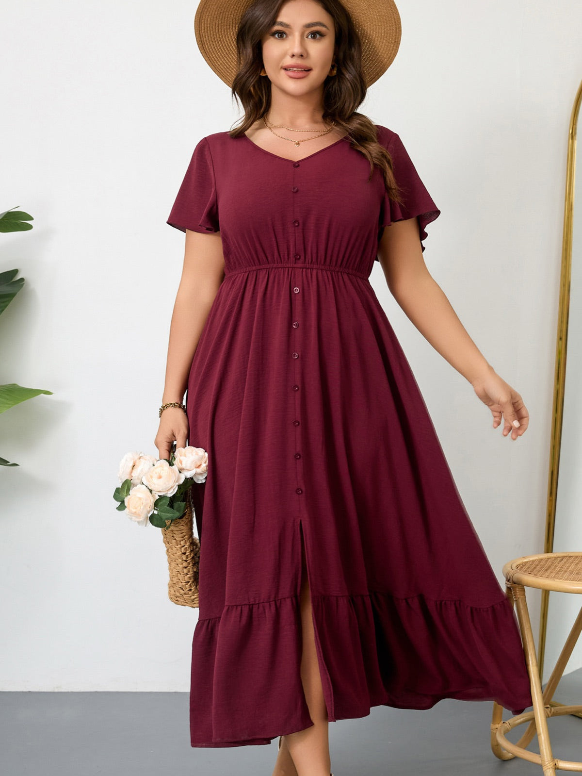 Plus Size Ruffle-Sleeve V-Neck Maxi Dress — Burgundy gallery image 1