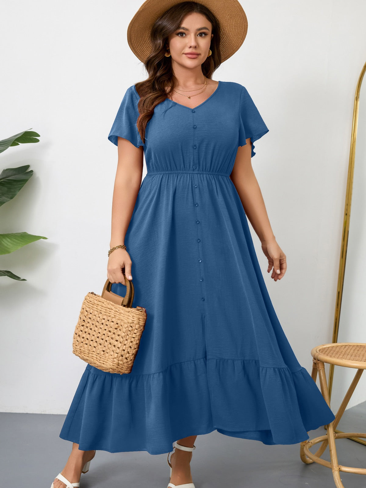 Plus Size Ruffle-Sleeve V-Neck Maxi Dress — Dusty Blue gallery image 3