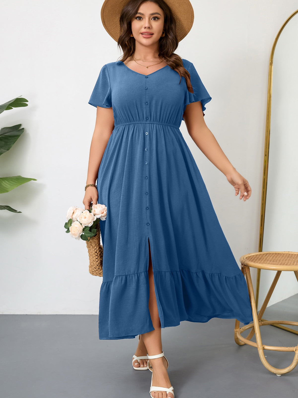 Plus Size Ruffle-Sleeve V-Neck Maxi Dress — Dusty Blue gallery image 1