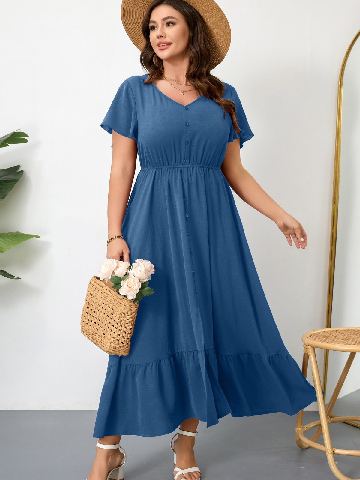 Plus Size Ruffle-Sleeve V-Neck Maxi Dress — Dusty Blue gallery image 2