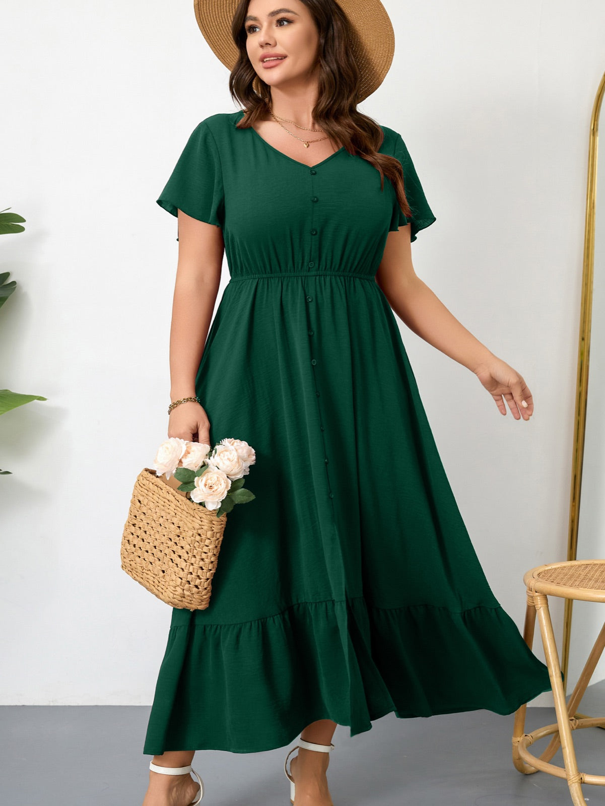 Plus Size Ruffle-Sleeve V-Neck Maxi Dress — Green gallery image 3