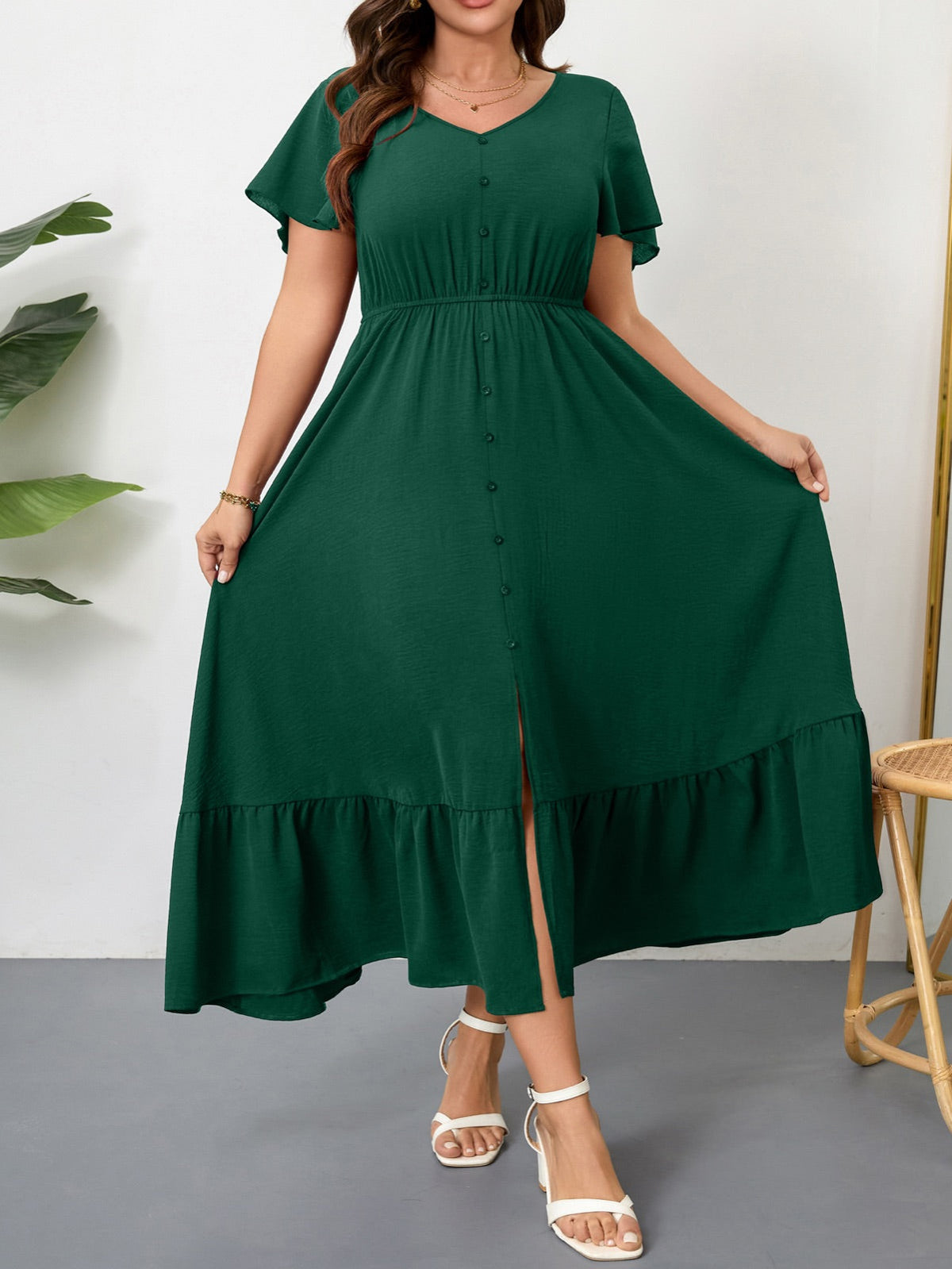 Plus Size Ruffle-Sleeve V-Neck Maxi Dress — Green gallery image 1