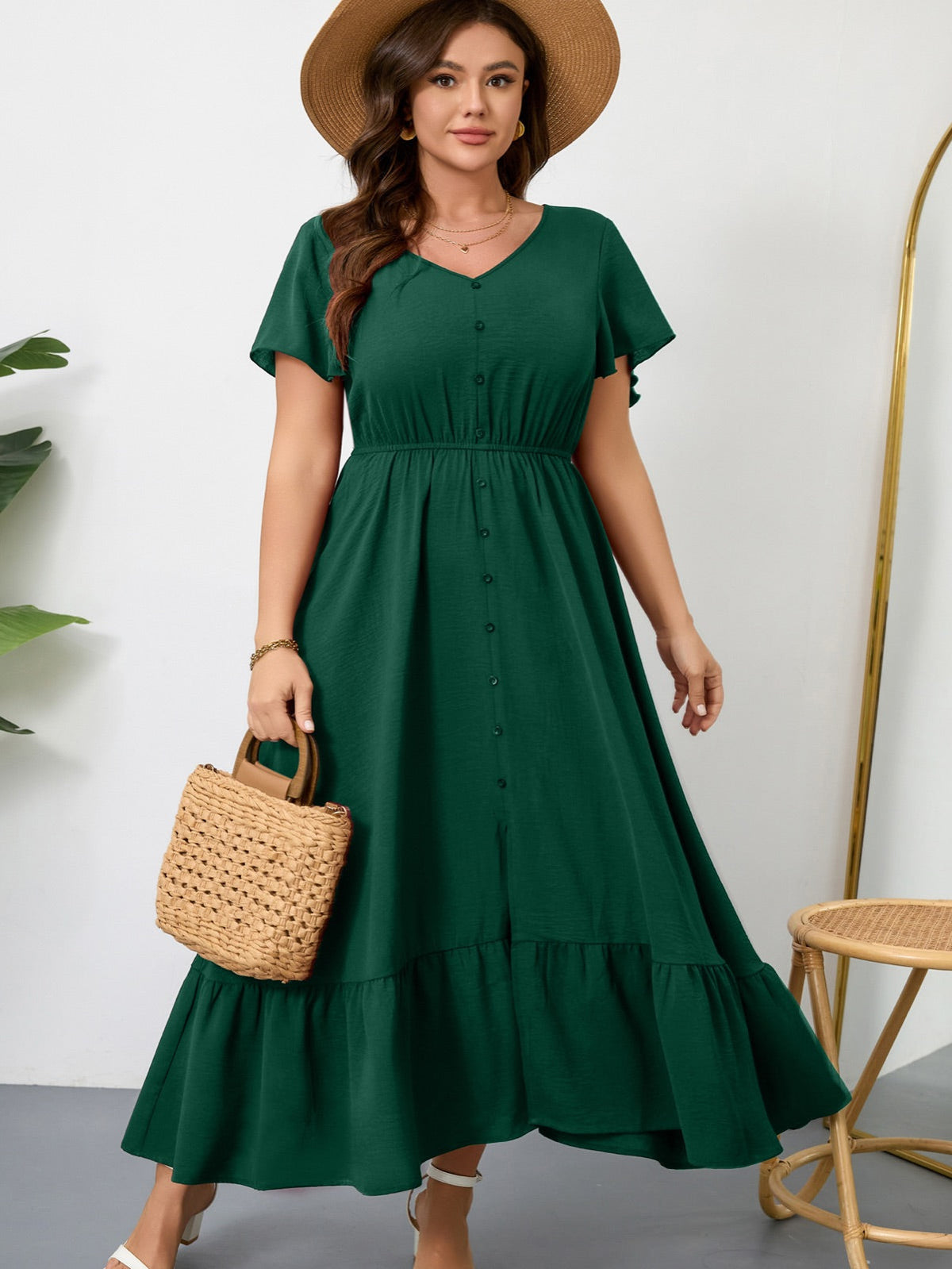 Plus Size Ruffle-Sleeve V-Neck Maxi Dress — Green gallery image 2