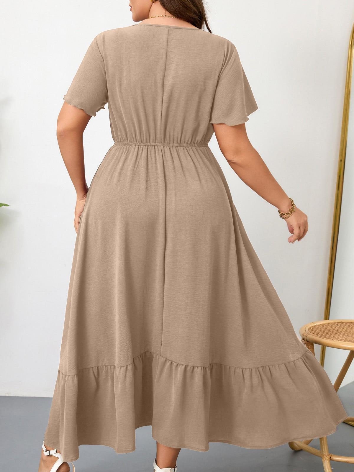 Plus Size Ruffle-Sleeve V-Neck Maxi Dress — Khaki gallery image 3